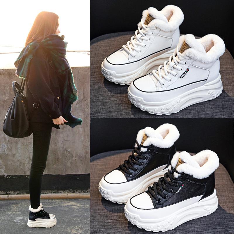 红蜻蜓牌头层牛皮内增高小白鞋冬季爆款雪地靴女保暖老爹鞋厚底