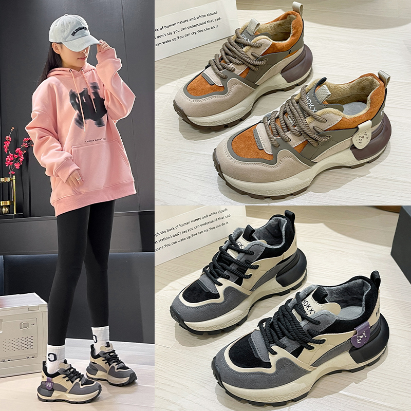 阿甘鞋子女秋冬轻便小蛮腰运动鞋2023新款加绒百搭复古拼色老爹鞋