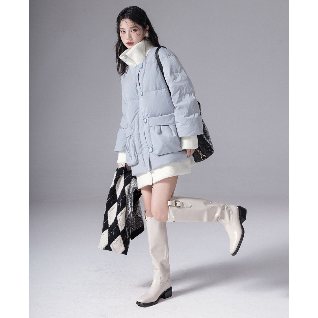 都市丽人假两件拼接蓝色棉服外套女气质2023新款冬季甜美韩版显瘦