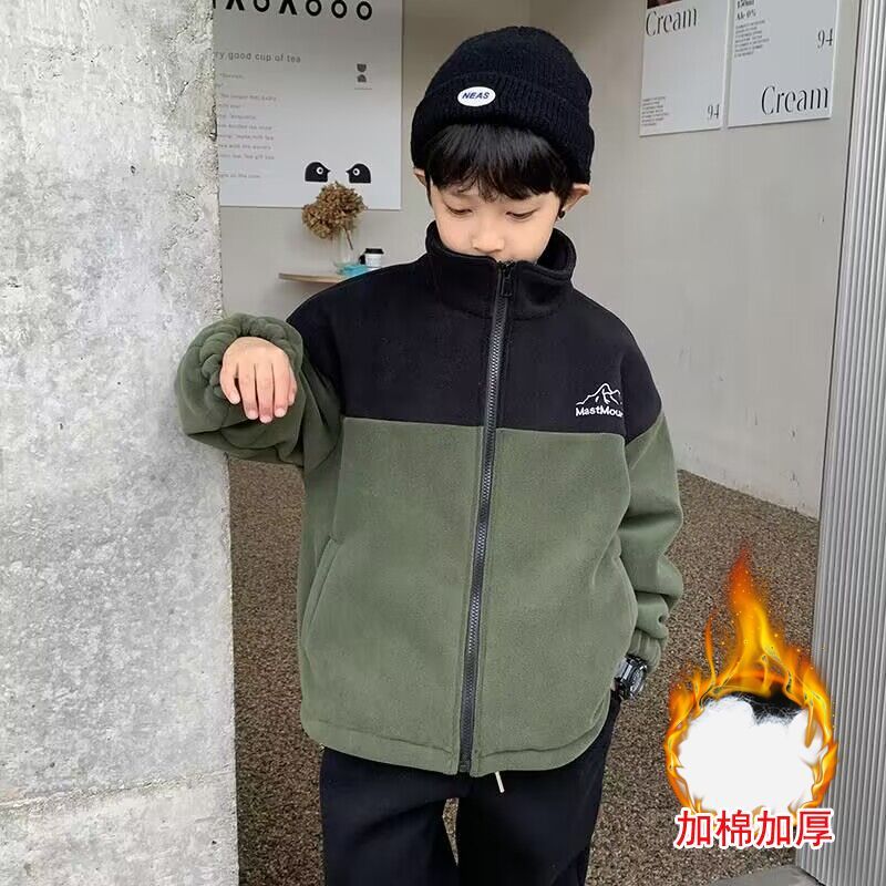 童装秋冬款中小大男童休闲立领保暖撞色拼接加绒加厚时尚男童外套