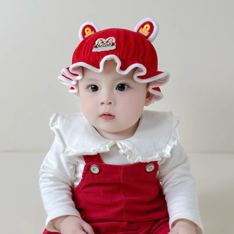 帽子冬婴儿红色过年毛绒帽醒狮男宝宝新生婴儿满月月子帽冬季胎帽
