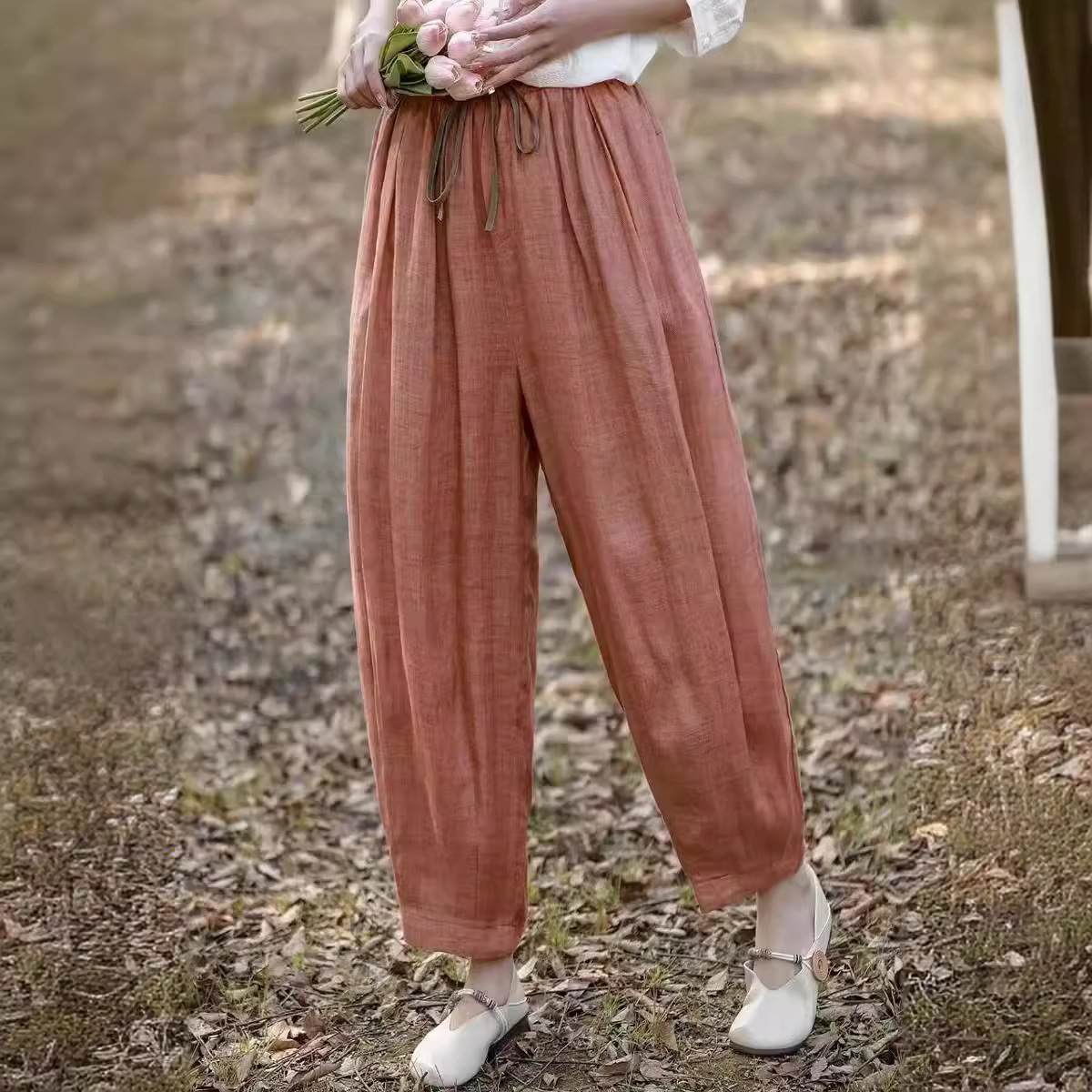 原创新款苎麻休闲裤女松紧腰防晒裤宽松薄款显瘦双层薄款哈伦长裤