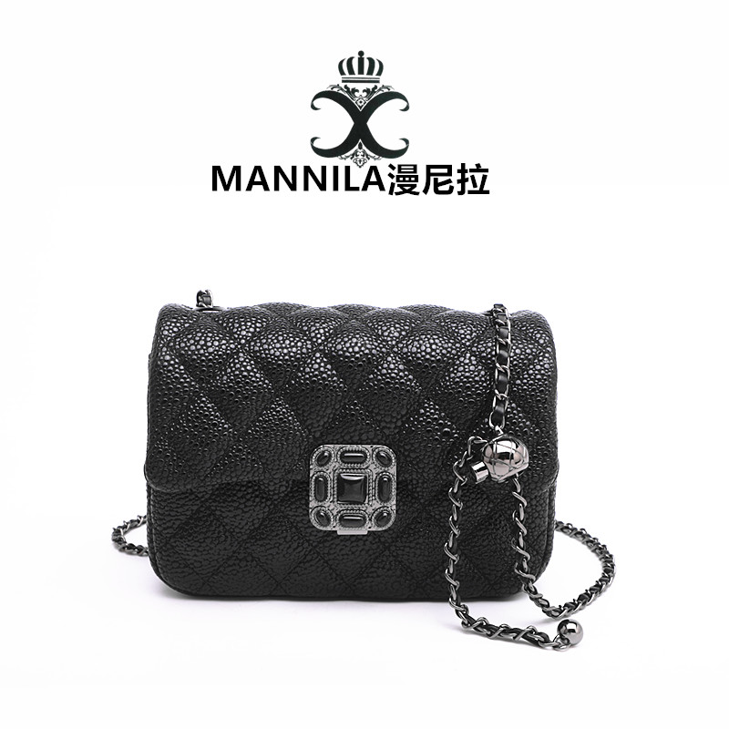 MANNILA/漫尼拉小香风时尚黑色链条包单肩小方包菱格肩包方胖子