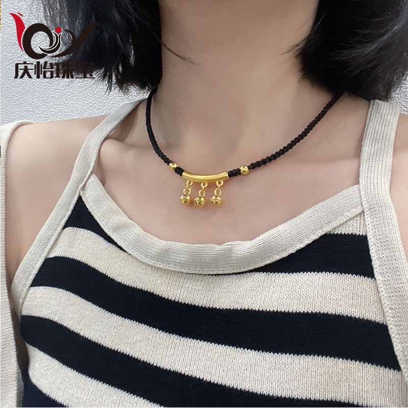 庆怡 999足金弯管黄金吊坠女小金珠项链本命年锁骨链项绳铃铛项圈