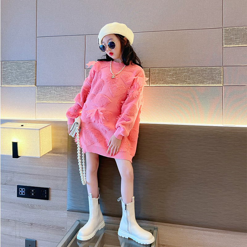 女童毛衣2023新款春秋款大童中长款针织衫女孩时髦洋气儿童装衣服