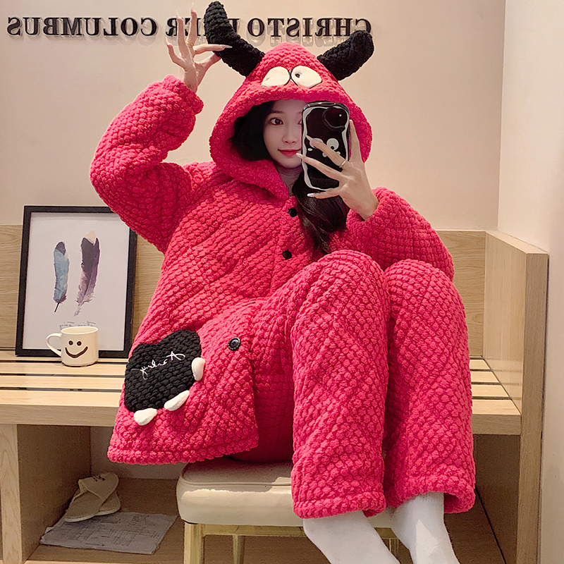 睡衣女春秋冬季三层夹棉连帽长袖珊瑚绒加厚加绒法兰绒家居服套装