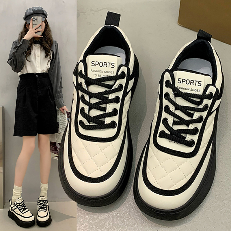 国潮面包鞋女2024新款秋冬季加绒加厚保暖全黑色厚底运动休闲板鞋