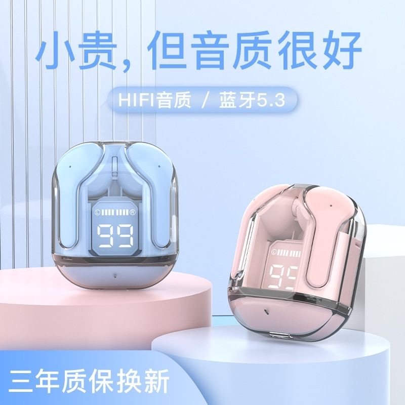2023新款透明设计蓝牙耳机无线学生高颜值数显运动跑步耳机科技感