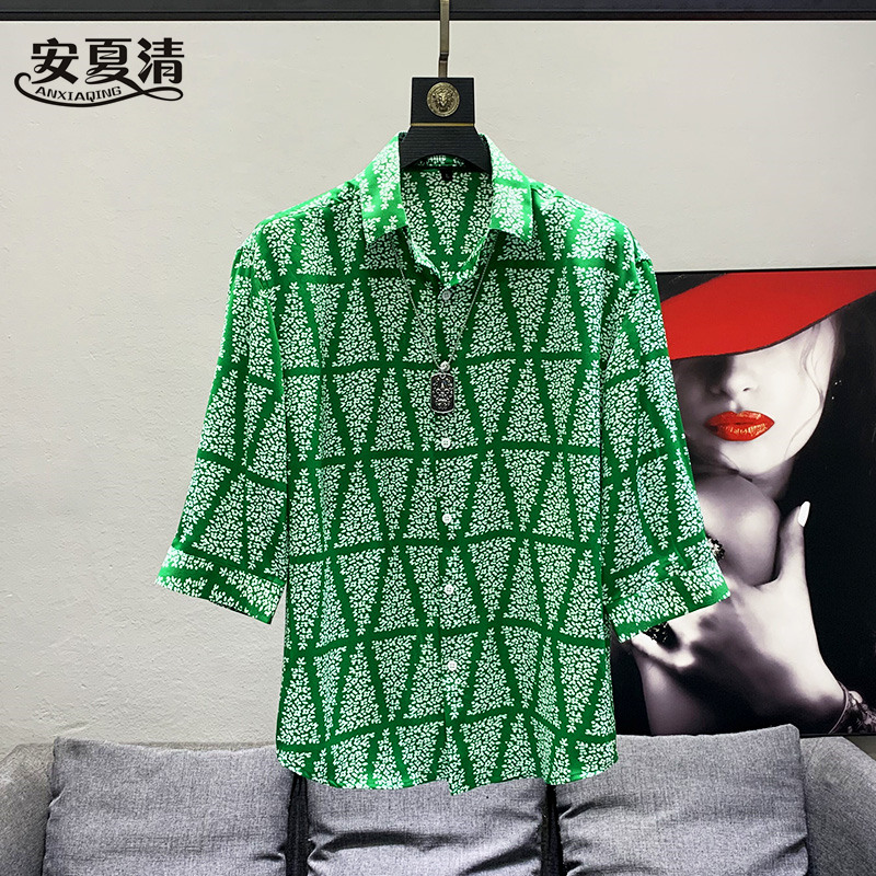 ANXIAQING/安夏清夏季个性花纹中袖衬衫男士发型师七分袖衬衣印花