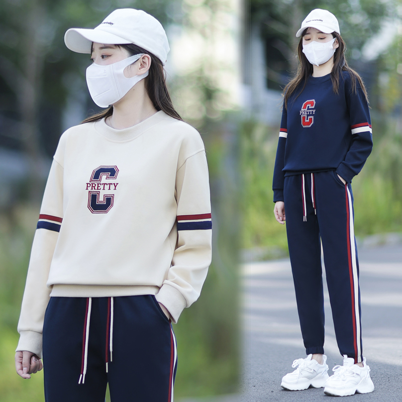 2023春秋新款女装韩版宽松显瘦时尚圆领卫衣卫裤运动服休闲套装