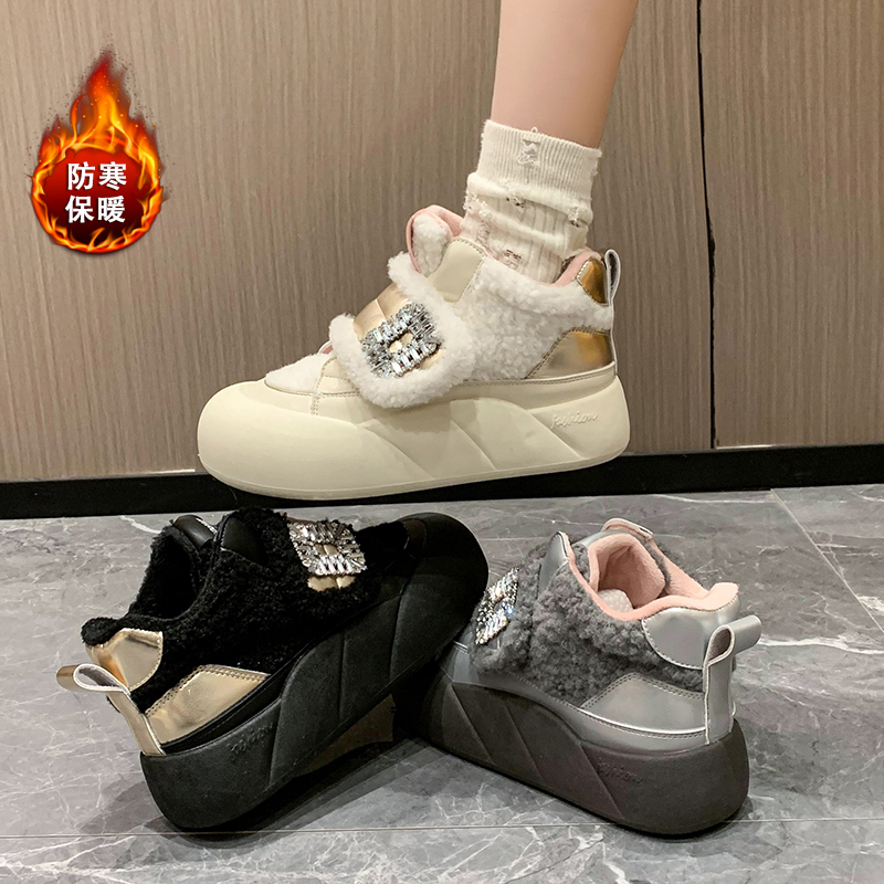 回力瑞面包棉鞋加厚雪地靴女羊羔绒保暖女短靴厚底冬季新款软底软
