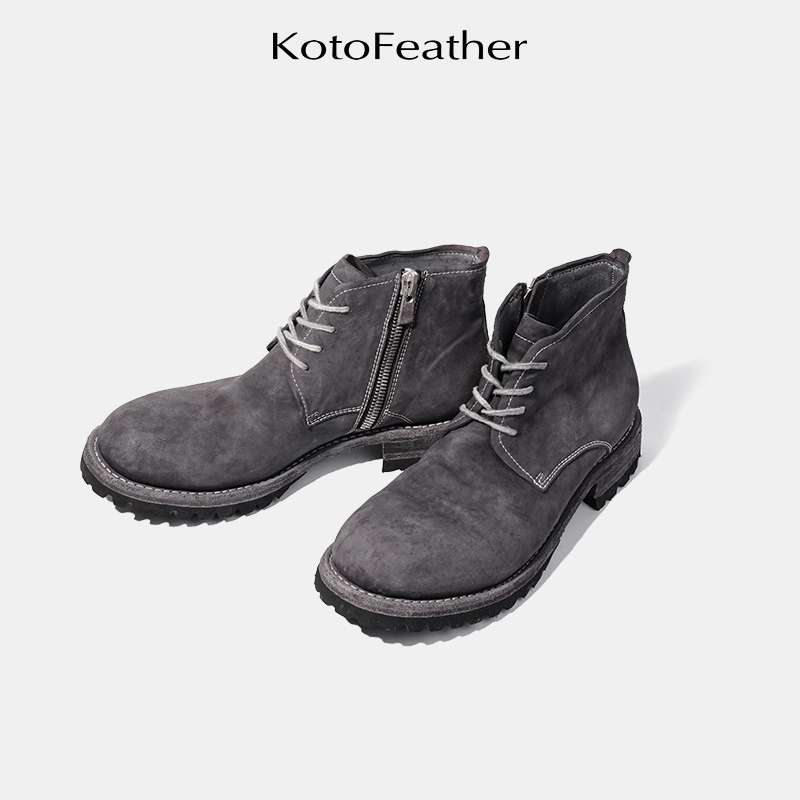 KotoFeather 美式复古工装靴磨砂马臀皮重水洗男鞋侧拉链秋冬皮靴