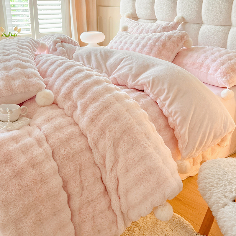 ins粉色兔兔绒四件套公主风双面绒被套珊瑚绒少女牛奶绒床单冬季