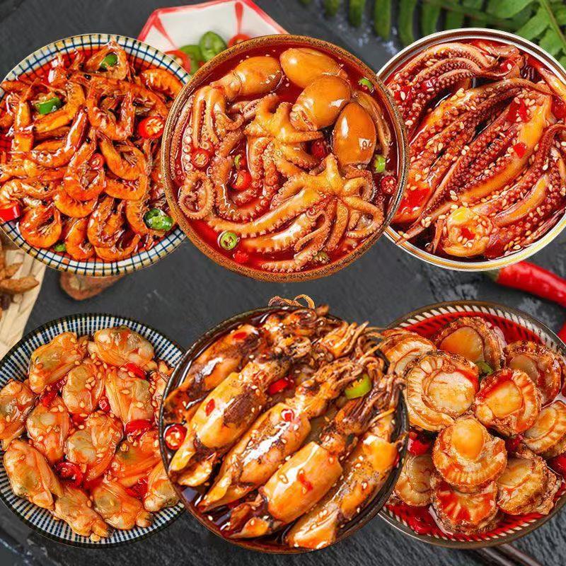 网红零食大礼麻辣小海鲜罐头小吃即食爪鲍鱼生蚝虾尾海鲜熟食笋0g