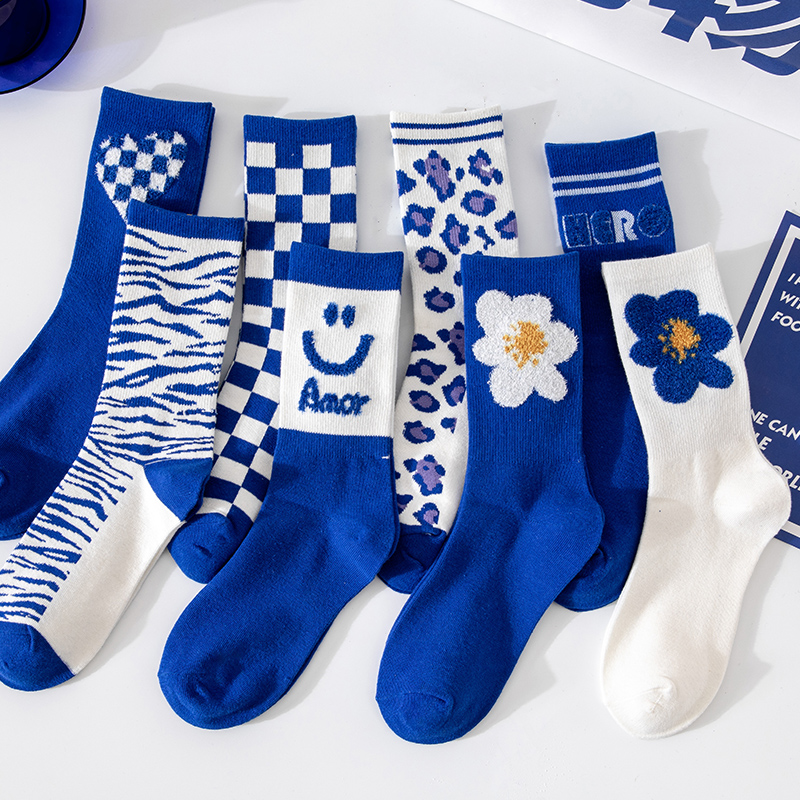 克莱因蓝袜子女中筒袜春夏纯棉百搭防臭长袜网红ins潮袜配鲨鱼裤