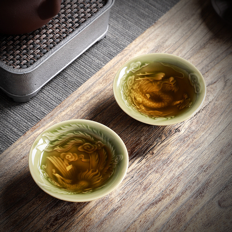 耀州青瓷茶杯仿古斗笠杯柴烧越窑品茗杯龙凤呈祥浮雕杯主人杯LZ