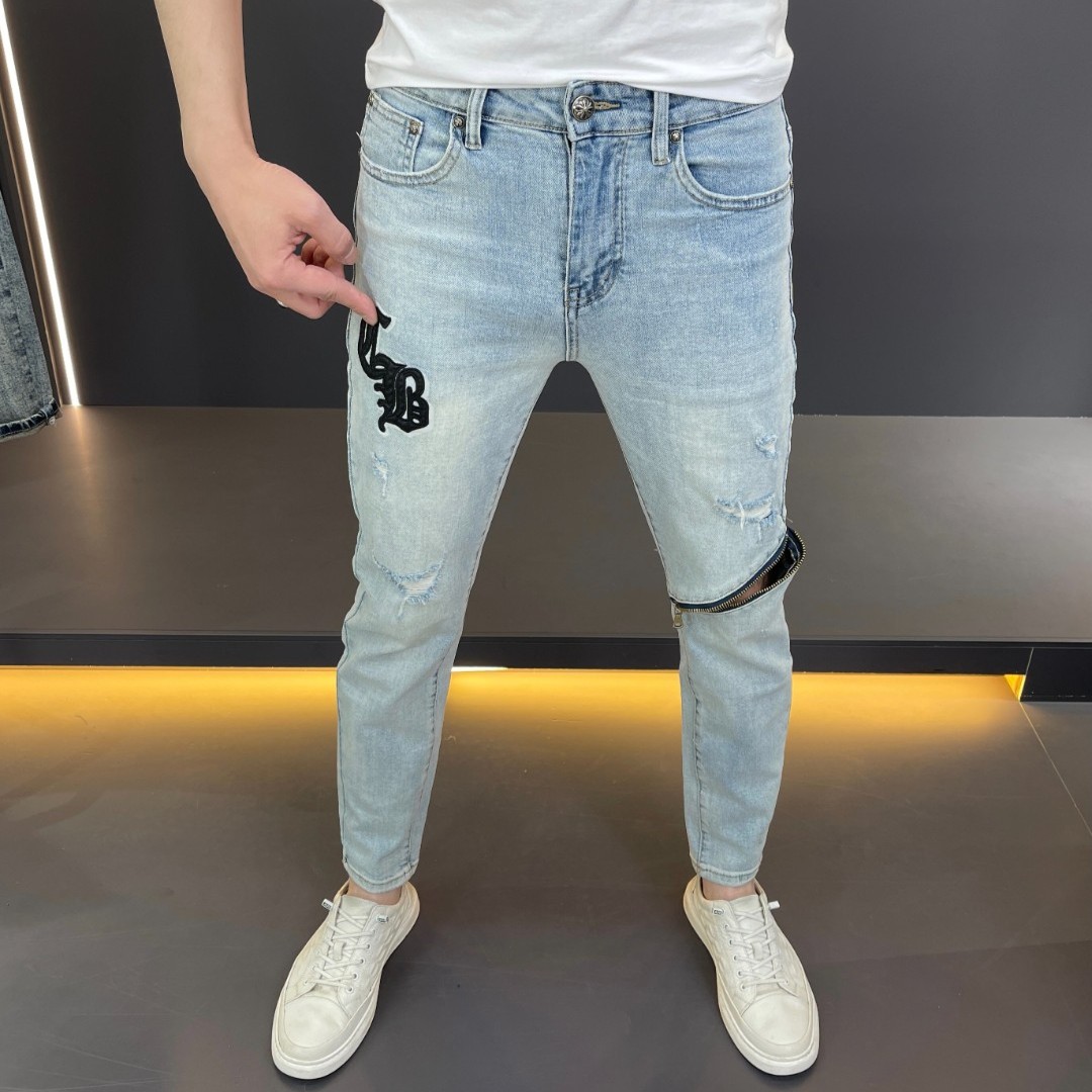 名图服饰夏季新款浅色洗水破洞拉链百搭潮修身小脚男士9分裤6021