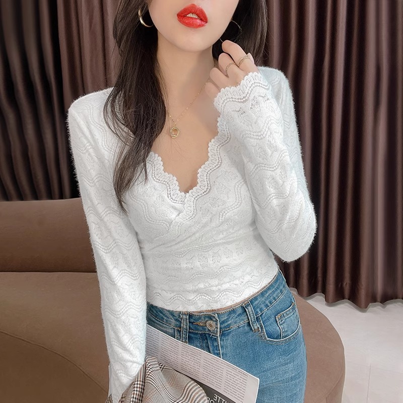 加绒加厚打底衫女内搭爆款2023秋冬短款性感小衫蕾丝网纱v领上衣