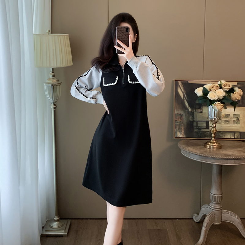 黑色显瘦卫衣连衣裙女秋冬宽松遮肚减龄高级感小黑裙加绒加厚裙子