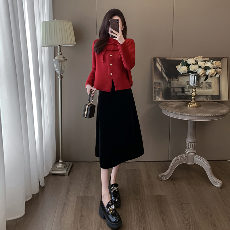 红色小香风过年套装裙秋冬显瘦气质高级感国风上衣半身裙子两件套
