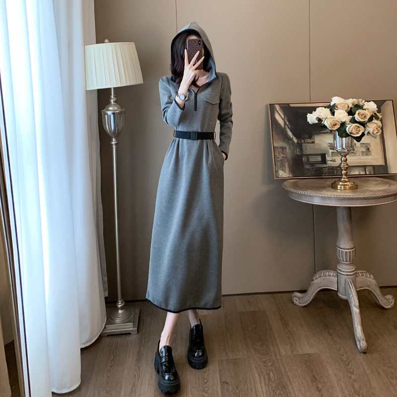 高档连帽卫衣连衣裙女秋冬收腰显瘦气质高级感长裙洋气上档次裙子