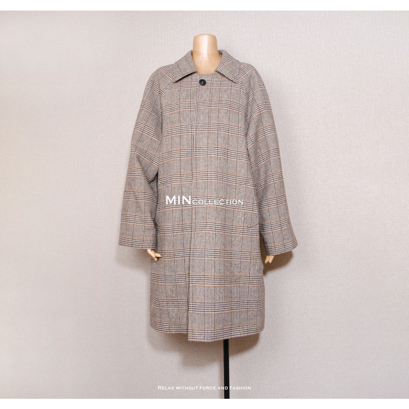 Min 双面咖格外套/千鸟格两穿撞领中长厚款风衣外套