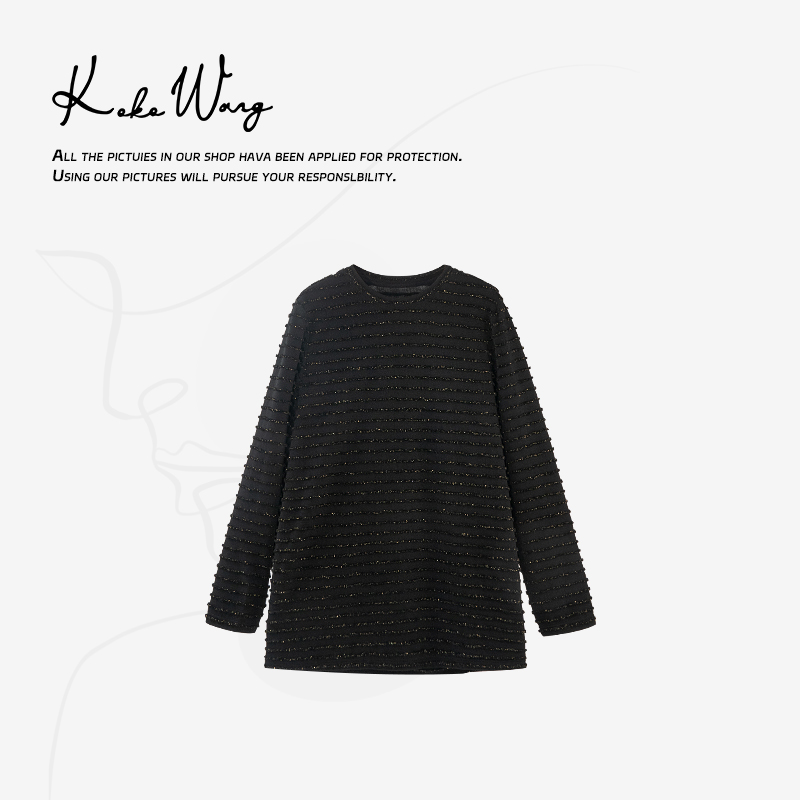 KOKO WANG“年会C位”时尚横条细闪秋冬长袖打底衫中长款T恤3111540