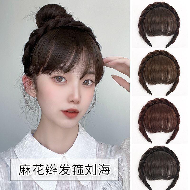 空气刘海假发发箍女秋冬一体真发麻花辫头箍头饰发卡网红2023新款