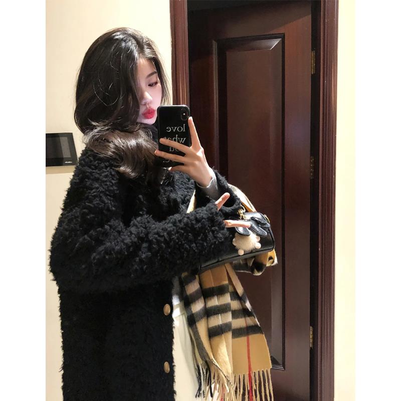 超厚羔绒外套女黑色羔毛秋冬季毛茸茸加绒毛卷2023新款