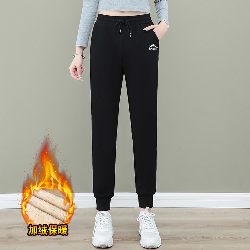 啄木鸟束脚运动裤女2023春秋新中式加绒加厚宽松显瘦大码保暖卫裤