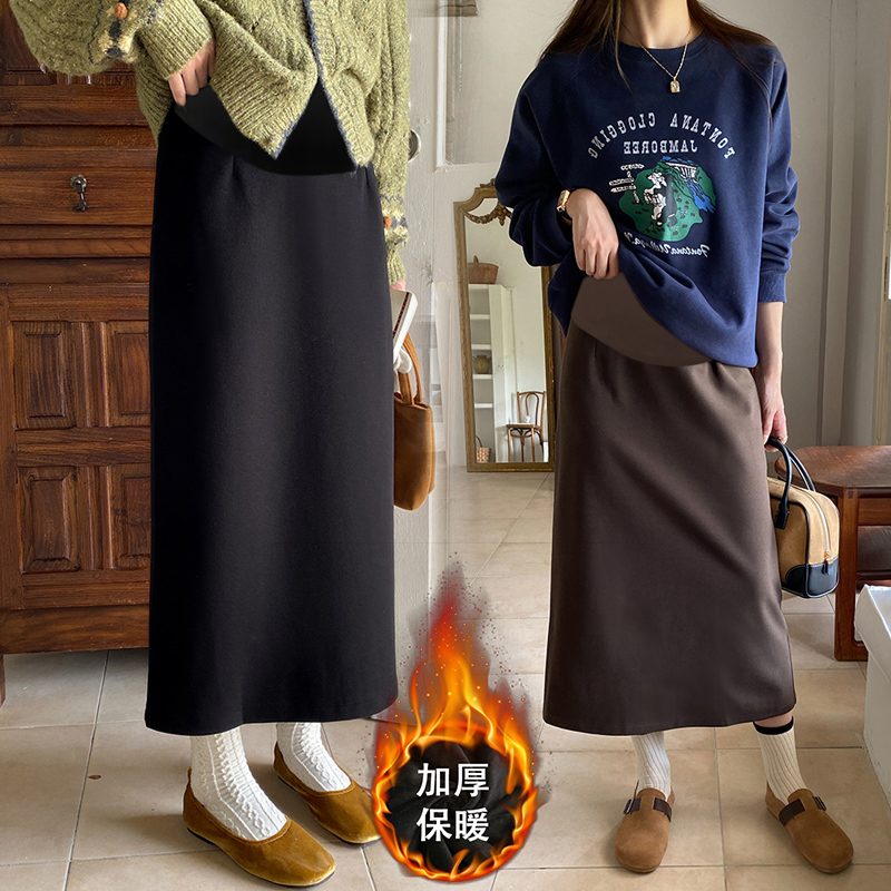 孕妇装毛呢加绒半身包臀裙子裙外穿百塔高腰显瘦中长款秋冬季3322