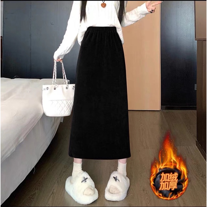 【现货48小时】高腰裙子加绒显瘦百搭休闲中长款全松紧腰直筒裙