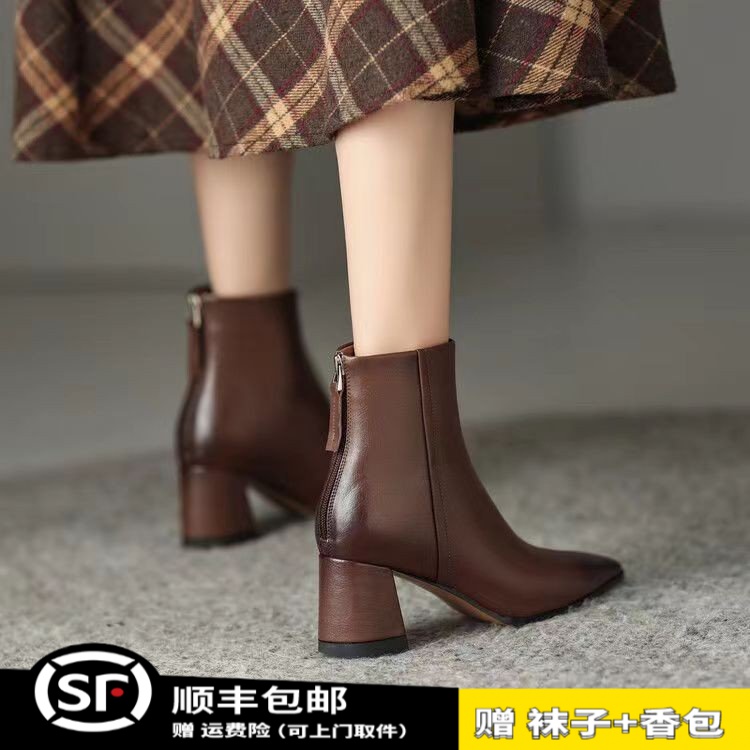 2023新款方头超高跟短靴女防水台时尚百搭女靴粗跟春秋单靴子显瘦