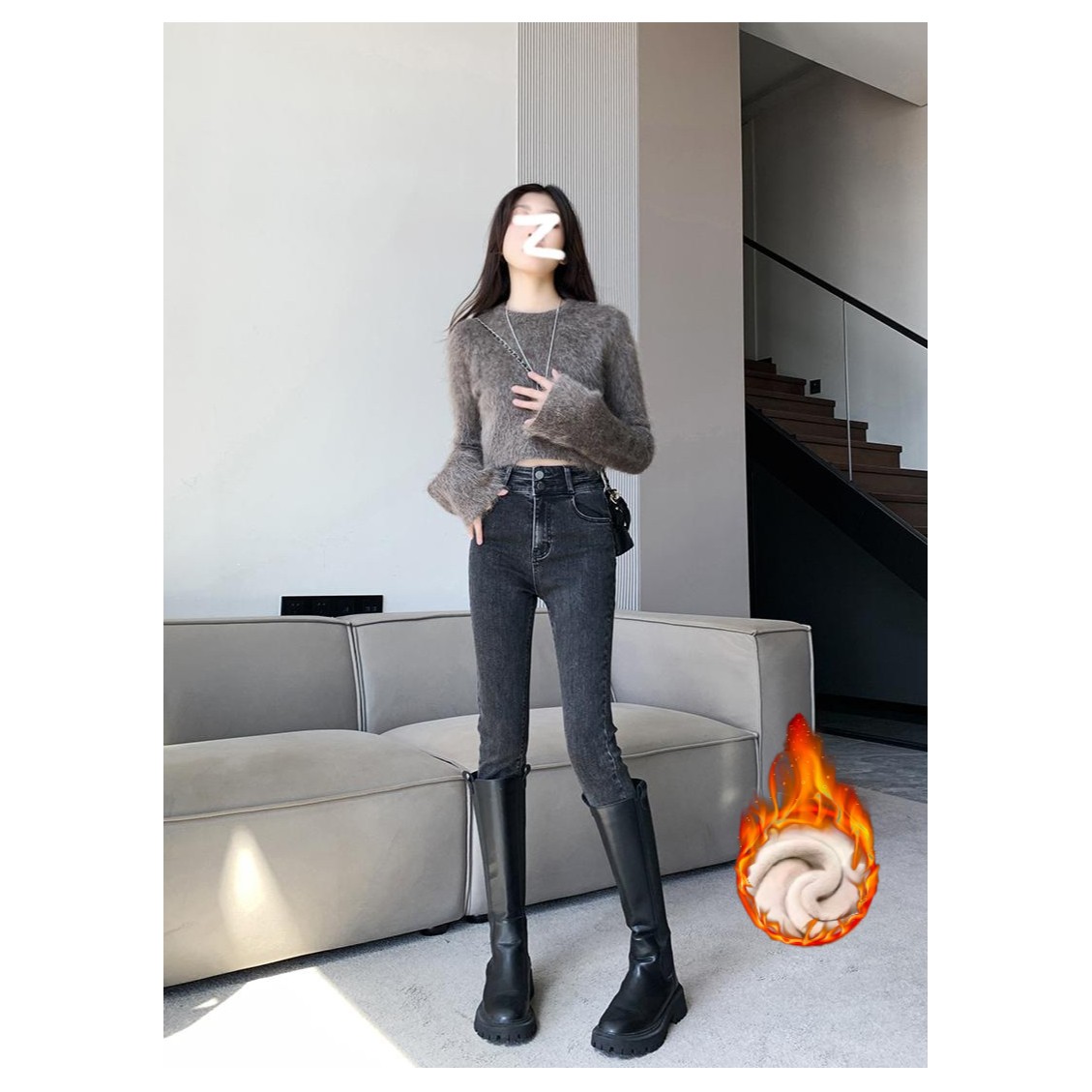 烟灰色高腰牛仔裤女2024年秋冬新款显瘦紧身修身加绒小脚铅笔裤子