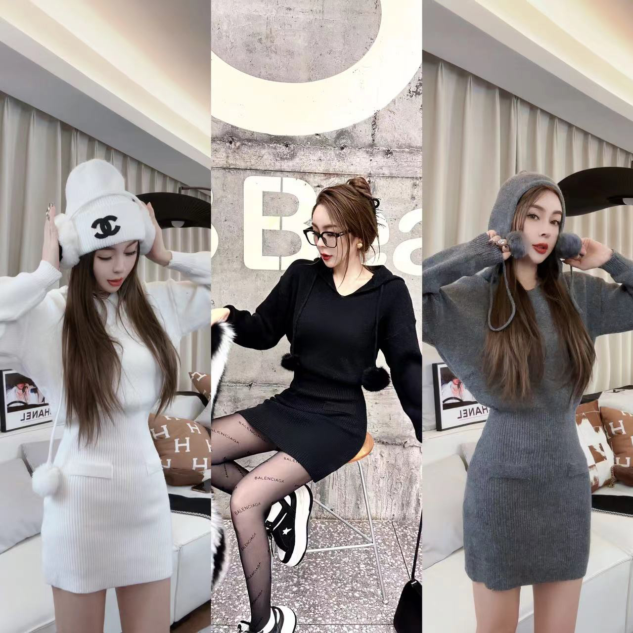 【依美丁】my14时尚百搭球球连帽毛衣裙