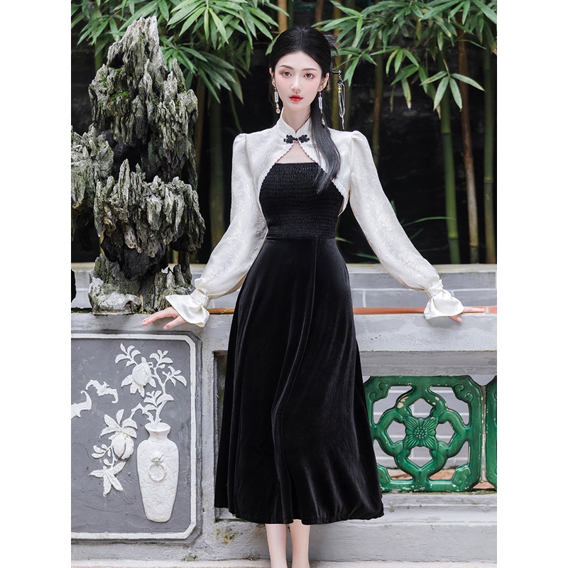 新中式国风少女气质立领盘扣外套+丝绒吊带洋装大小姐两件式套装