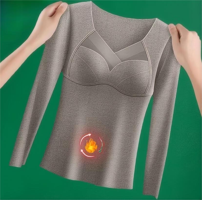 冬季德绒保暖内衣女带胸垫秋衣一体式打底衣加绒加厚发热长袖保暖