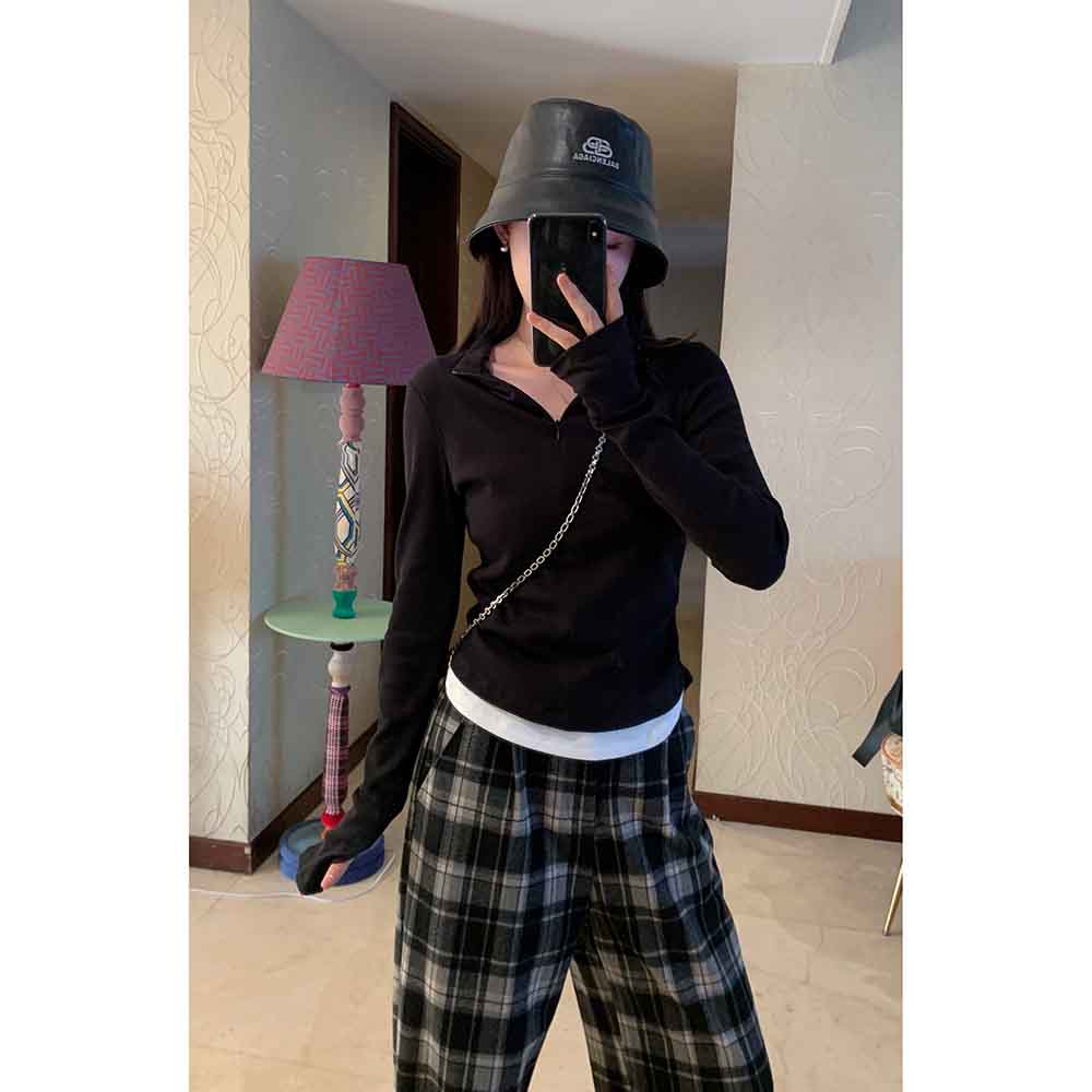 磨毛撞色显瘦立领假两件拉链坑条针织上衣  231118