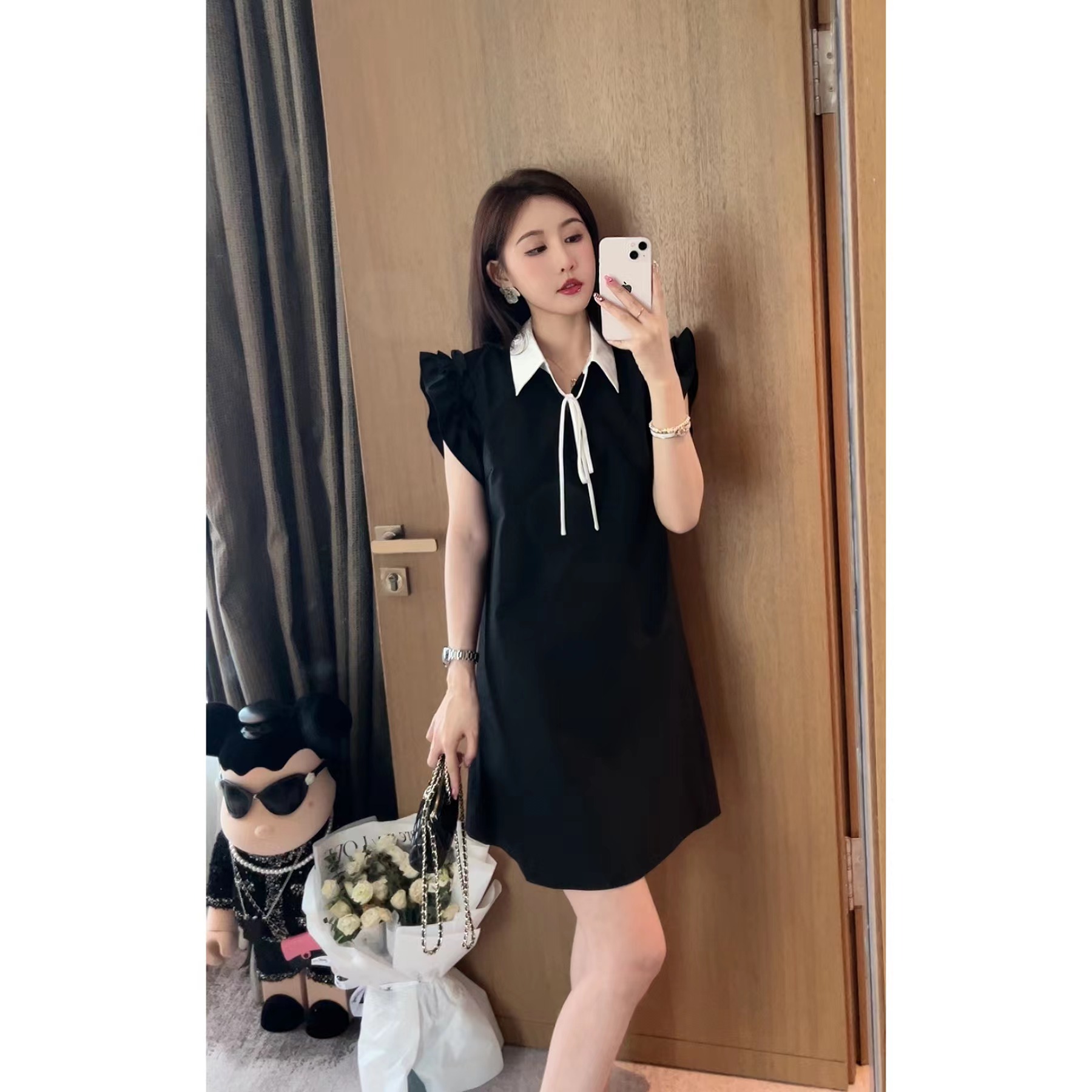 黑色Polo领小飞袖连衣裙  CP230578