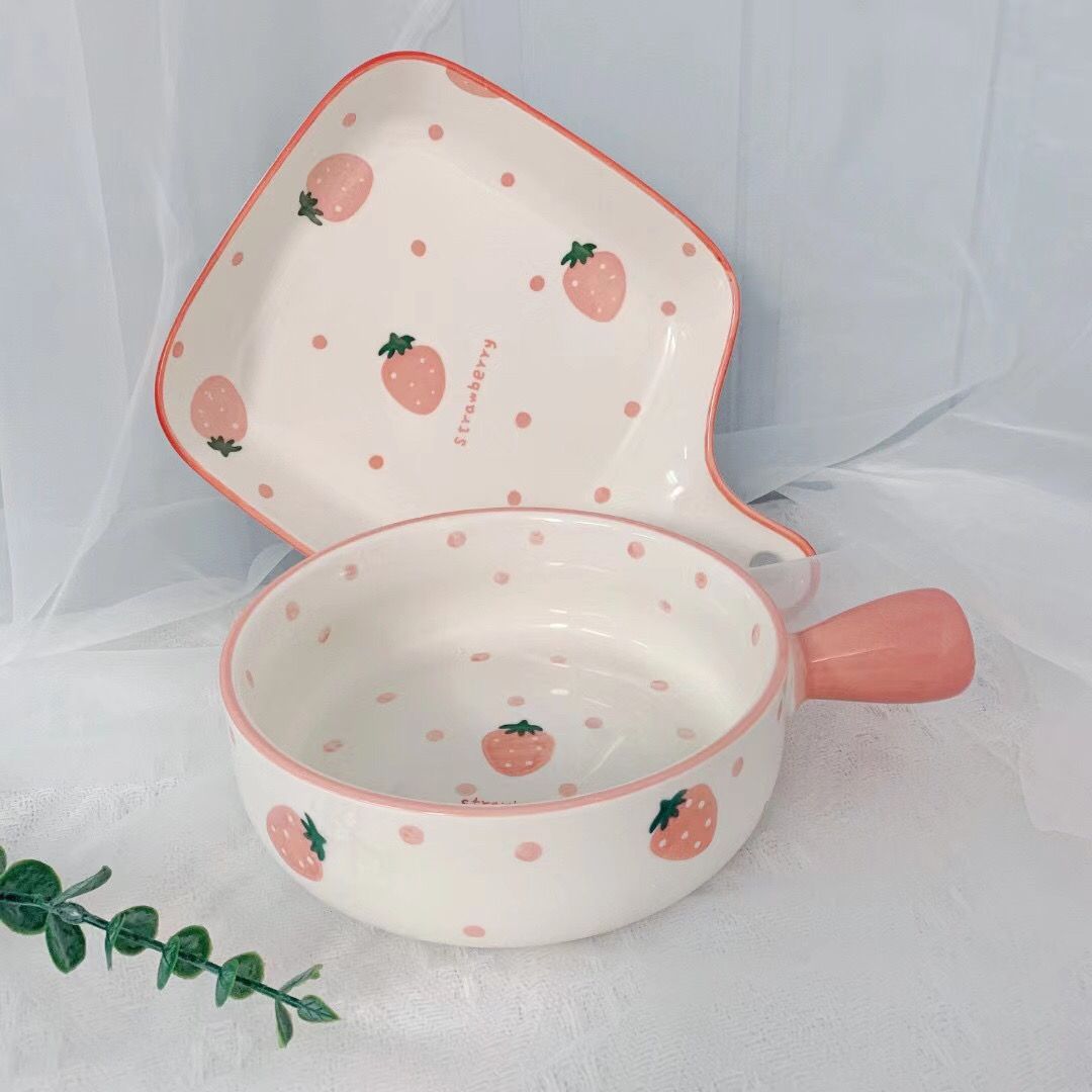 烤盘北欧风餐具陶瓷盘微波炉用网红手绘草莓(手柄碗+手柄盘)创意