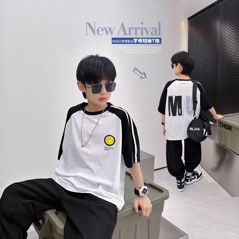 男童短袖T恤夏装儿童2023新款半袖大童韩版简约炸街上衣童装帅气