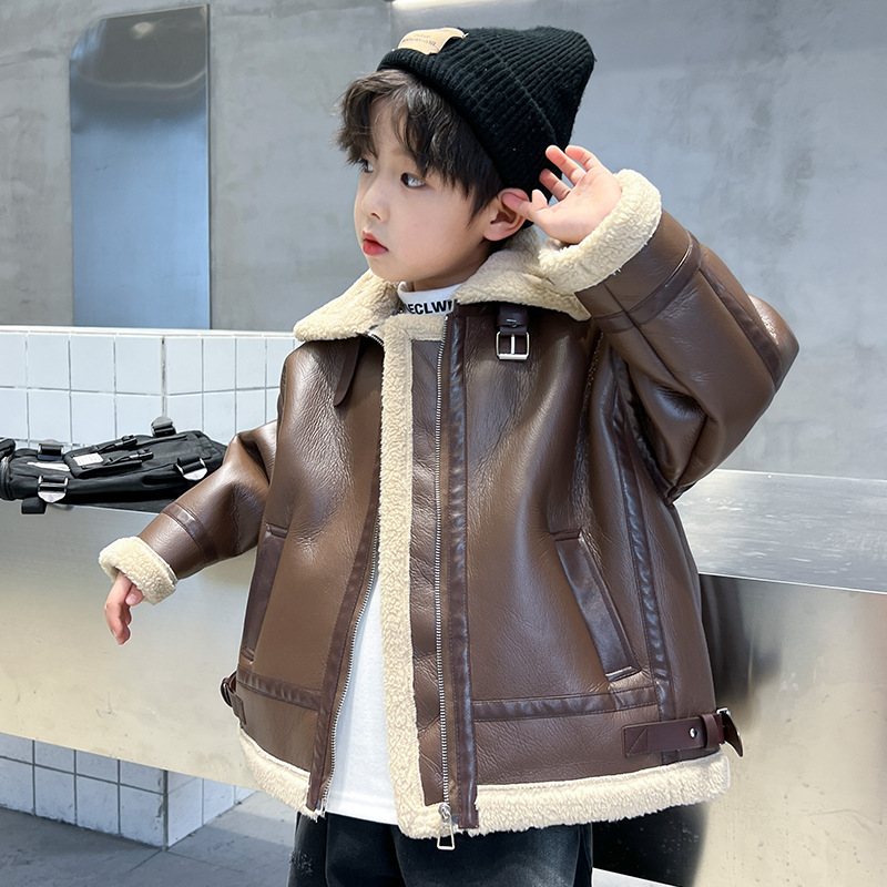 2024男童冬装加绒加厚皮衣外套年新款儿童复古皮夹克洋气机车服