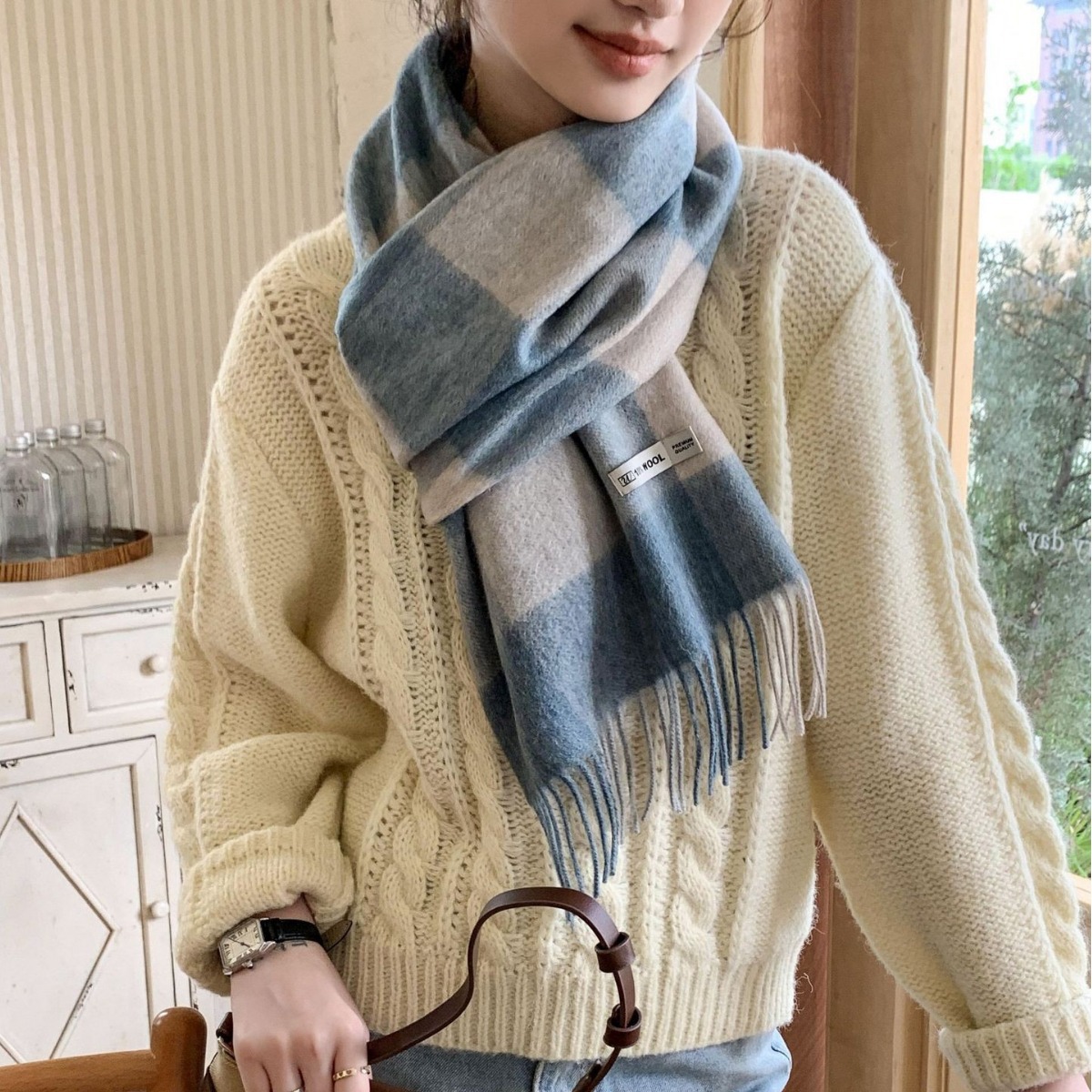 2023新款棋盘格羊毛围巾格子渐变搭配大衣披肩秋冬氛围感保暖围脖