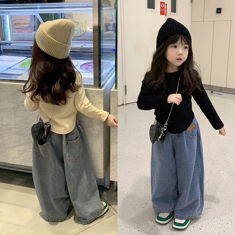 新款春季女童套装女宝韩版早秋打底衫休闲牛仔裤女童多巴胺上衣女