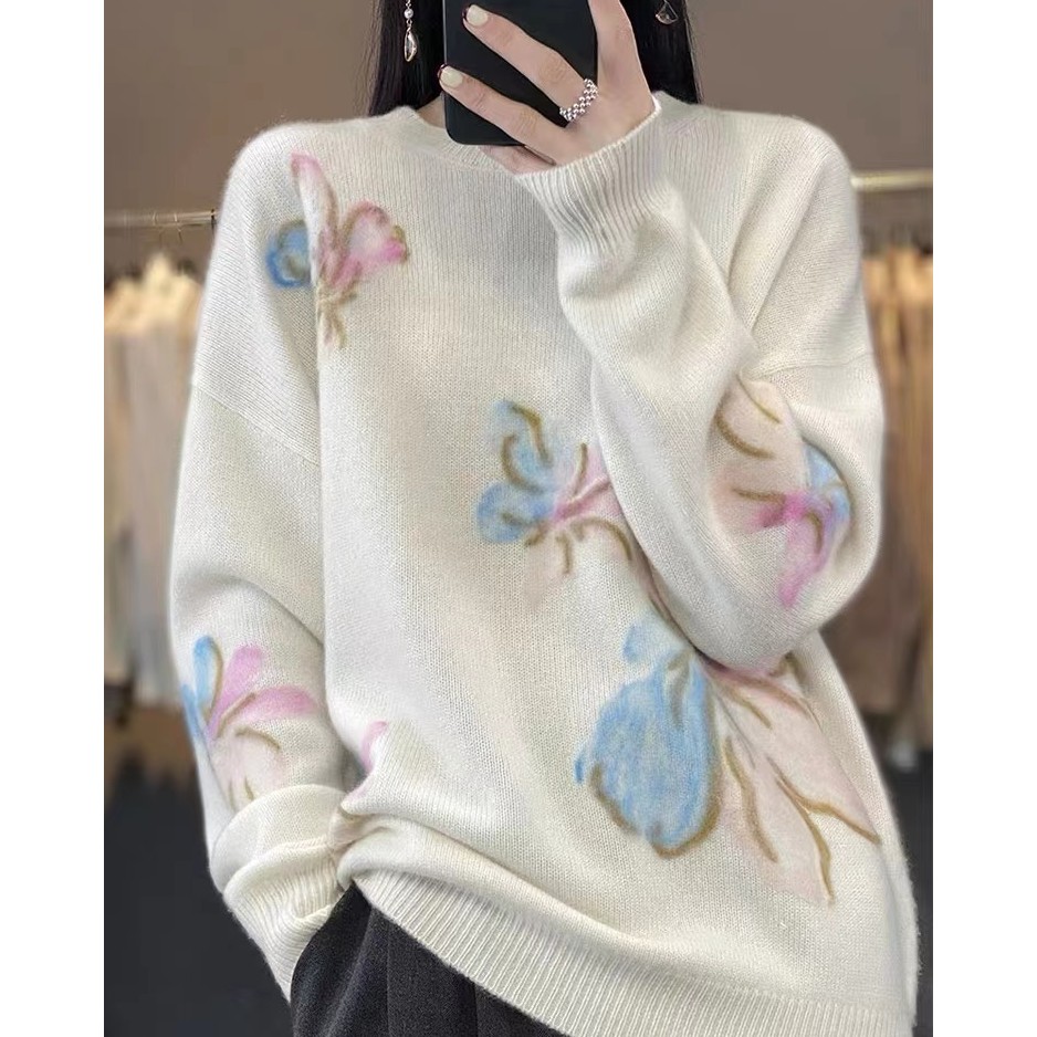 秋冬圆领蝴蝶花植绒套头慵懒风上衣03-5004