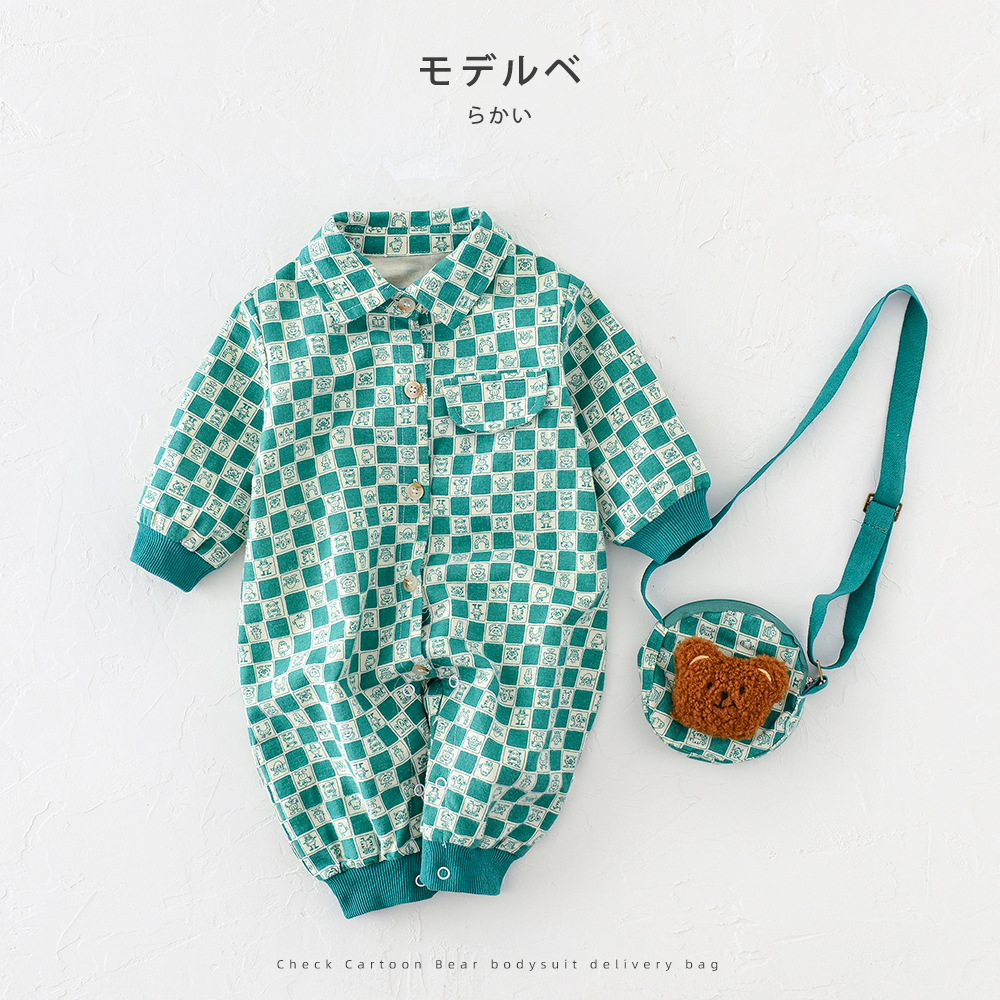 【滢妈优选】秋季韩版婴幼儿男女宝宝卡通格子熊爬服送背包YJ