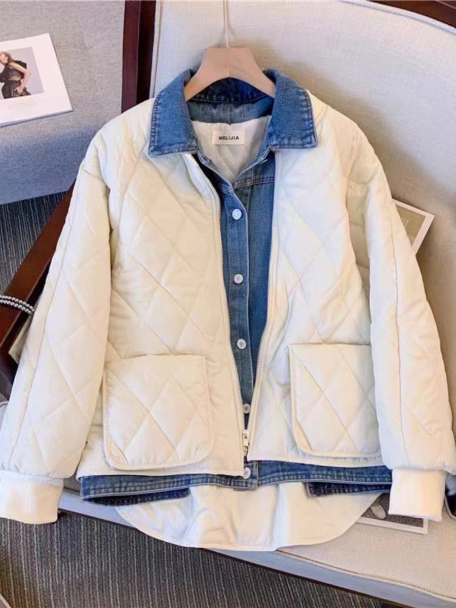 W004牛仔拼接短款小众棉服女轻薄菱格假两件棉衣外套宽松
