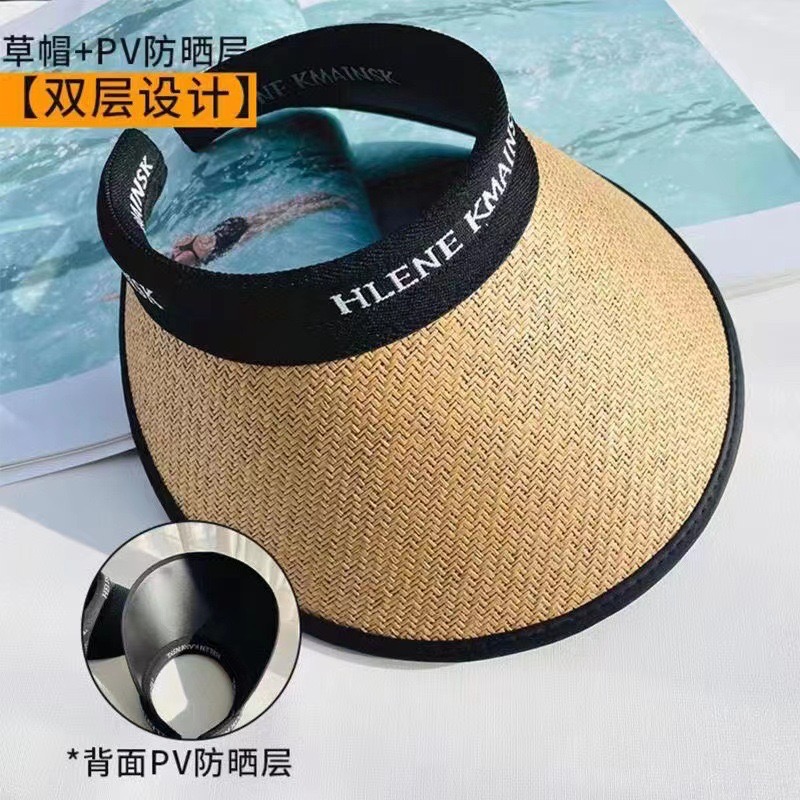 夏季防晒遮阳帽草编帽女士防紫外线遮阳帽发箍黑胶帽百搭空顶帽子