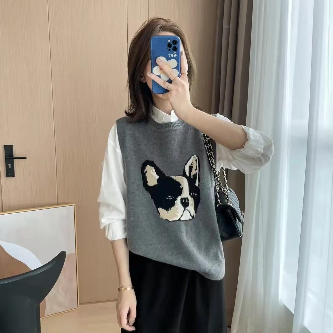 法斗小狗马甲针织背心毛衣女无袖上衣圆领 M317