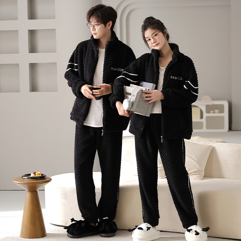 冬季睡衣情侣款法兰绒情侣睡衣加绒加厚和服绒款保暖家居服套装